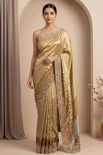 Antique gold embroidered tissue nylon saree