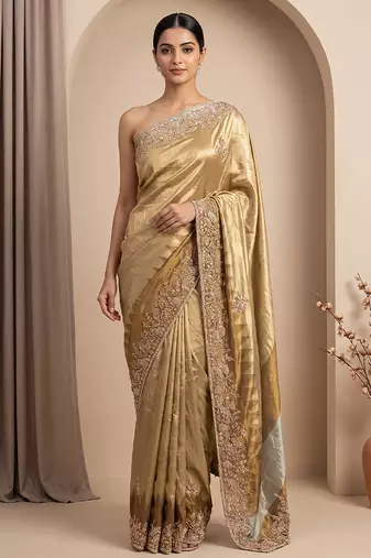 Antique gold embroidered tissue nylon saree