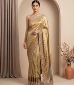 Antique gold embroidered tissue nylon saree