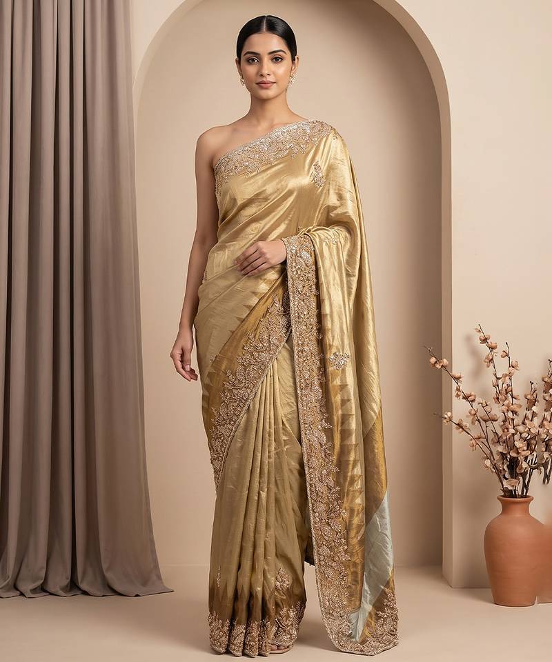 Antique gold embroidered tissue nylon saree