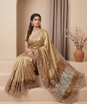 Antique gold embroidered tissue nylon saree 3