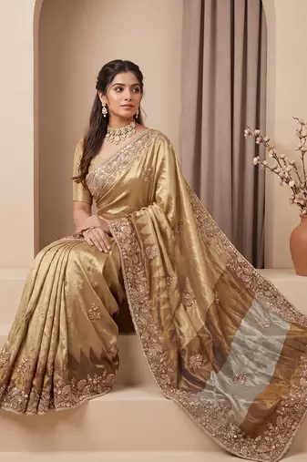 Antique gold embroidered tissue nylon saree