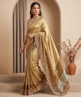 Antique gold embroidered tissue nylon saree 4