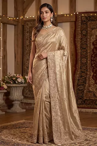 Rose pink embroidered tissue nylon saree
