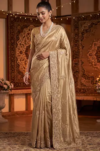 Rose pink embroidered tissue nylon saree