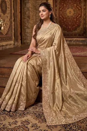 Rose pink embroidered tissue nylon saree