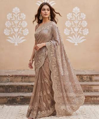 Lavender embroidered net saree 1