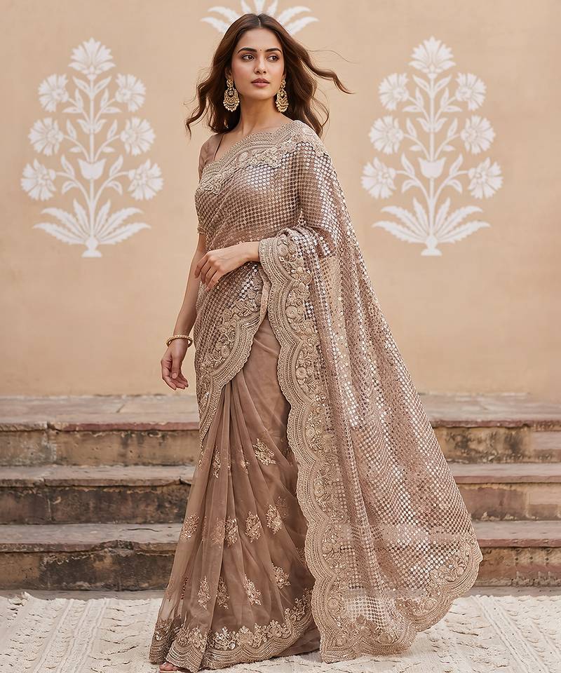 Lavender embroidered net saree