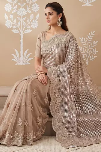 Lavender embroidered net saree