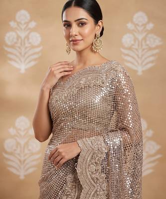 Lavender embroidered net saree 4