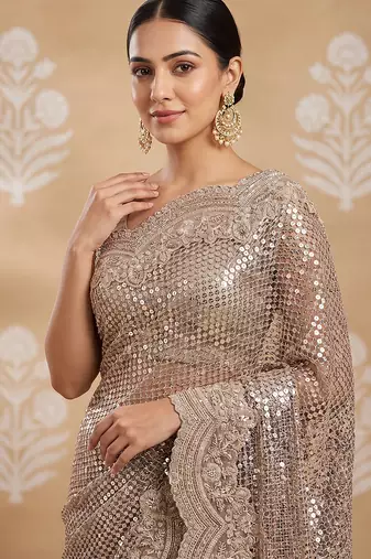 Lavender embroidered net saree