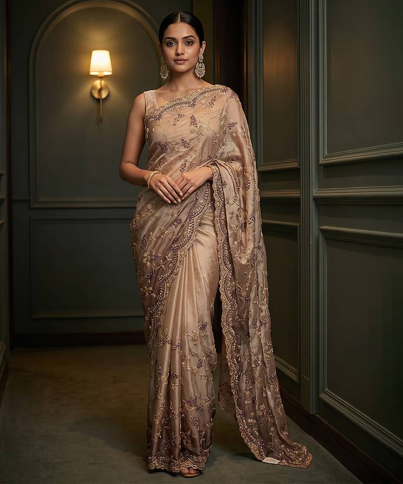 Beige embroidered georgette saree
