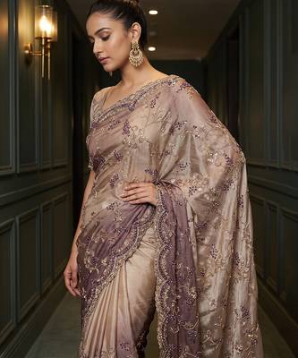 Beige embroidered georgette saree 3