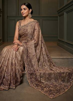 Beige embroidered georgette saree 4