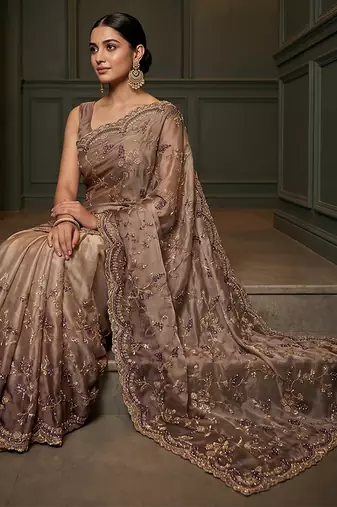 Beige embroidered georgette saree