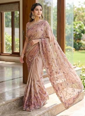 Pink embroidered georgette saree 1