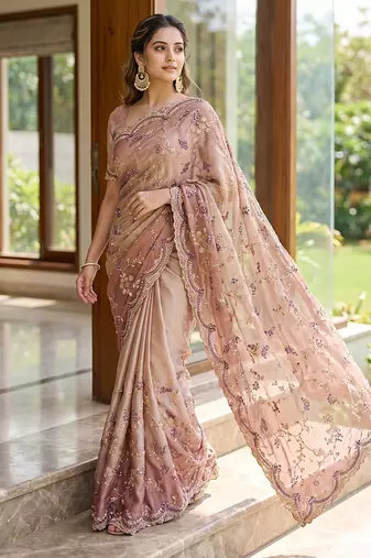 Pink embroidered georgette saree