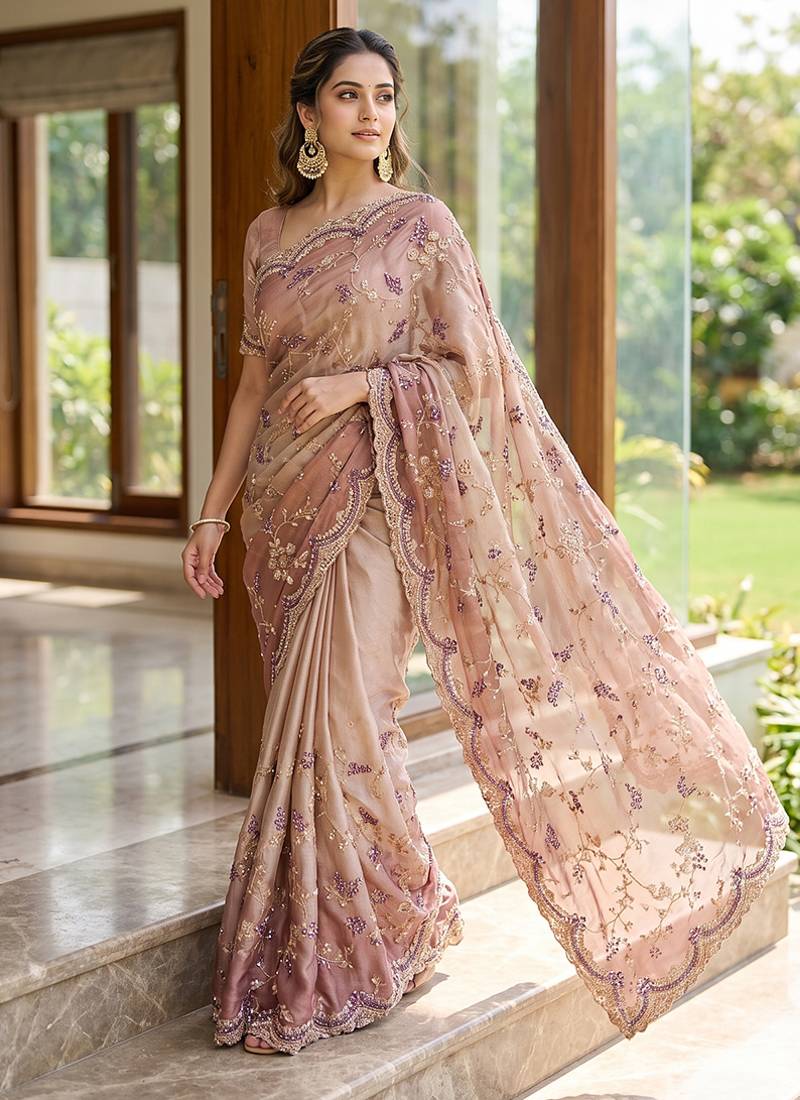 Pink embroidered georgette saree