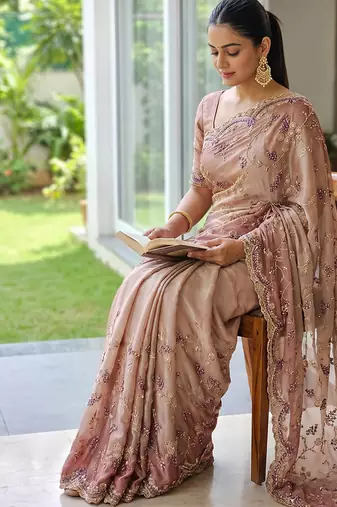 Pink embroidered georgette saree