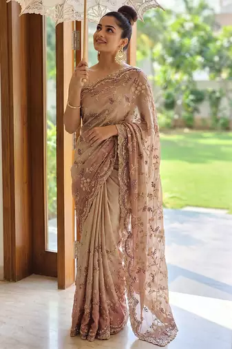 Pink embroidered georgette saree