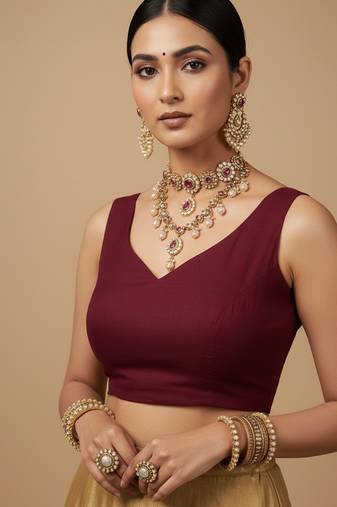 Solid premium silk v neck saree blouse