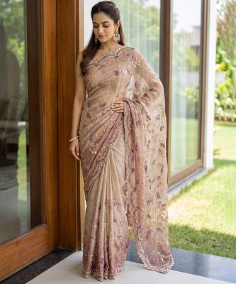 Pink embroidered georgette saree 4