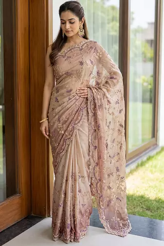 Pink embroidered georgette saree