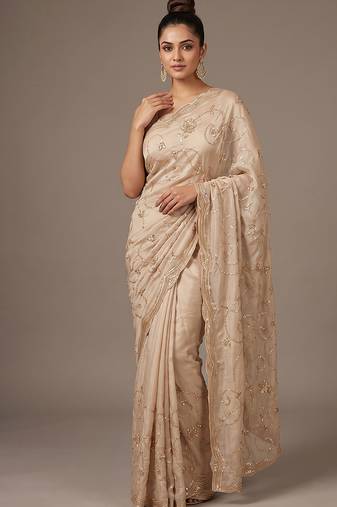 Cream embroidered georgette saree