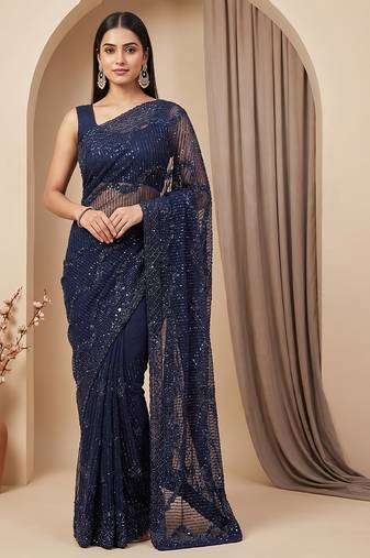 Blue embroidered net saree