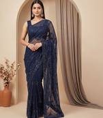 Blue embroidered net saree