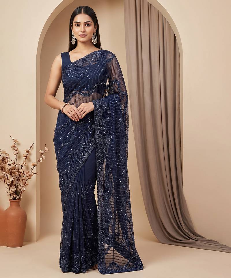 Blue embroidered net saree