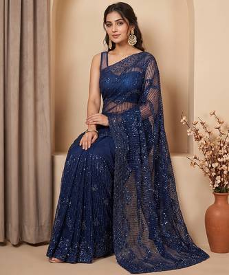 Blue embroidered net saree 2