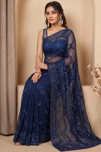 Blue embroidered net saree