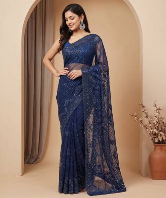 Blue embroidered net saree 3