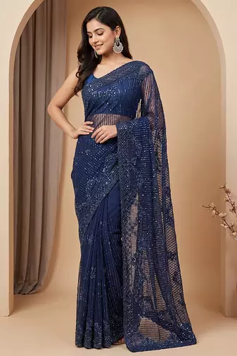 Blue embroidered net saree