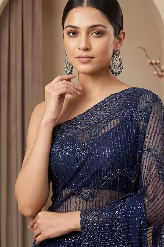 Blue embroidered net saree