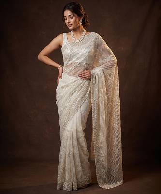 White embroidered net saree 1