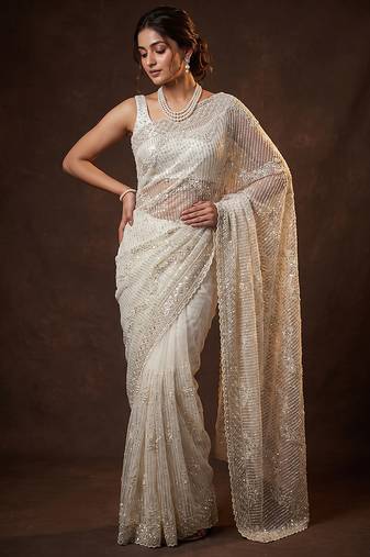 White embroidered net saree