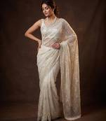 White embroidered net saree
