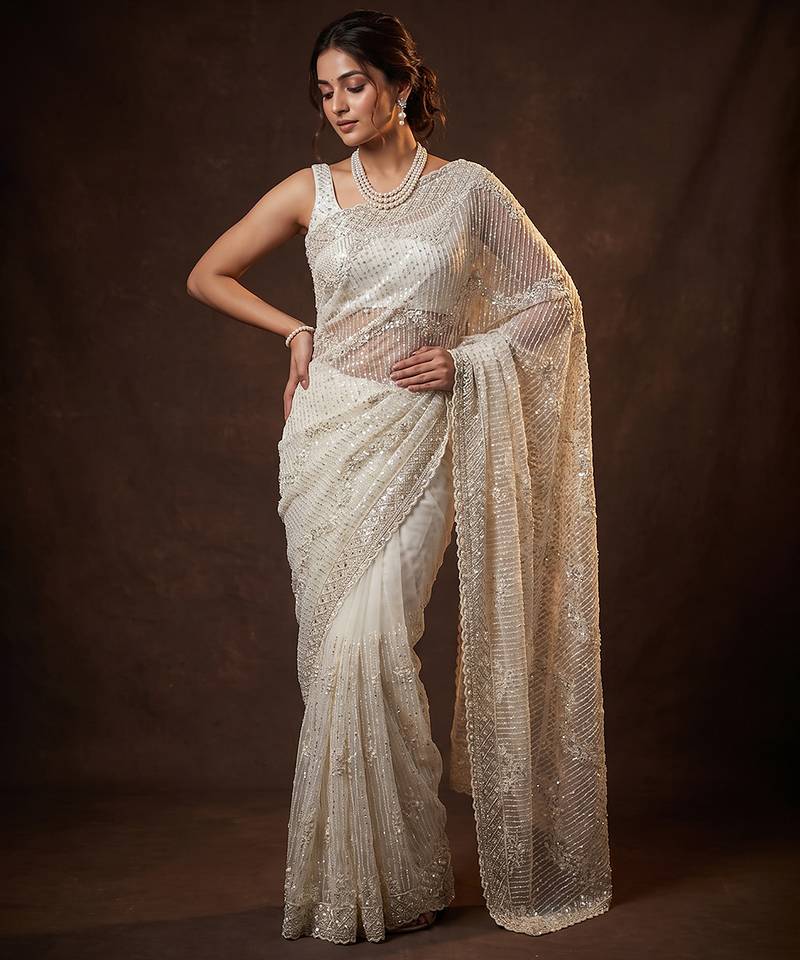 White embroidered net saree