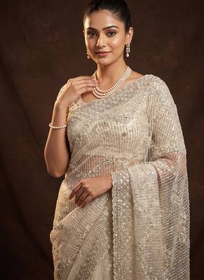 White embroidered net saree 2