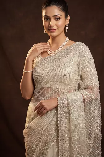White embroidered net saree