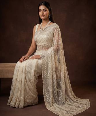 White embroidered net saree 3