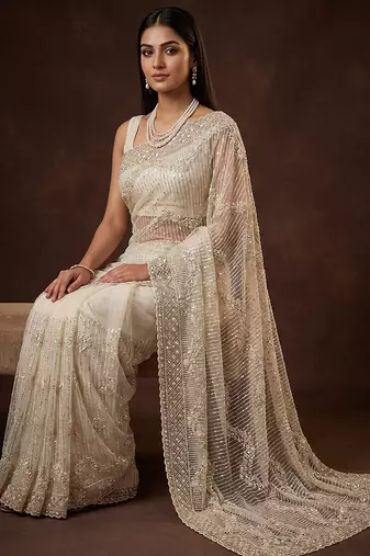 White embroidered net saree