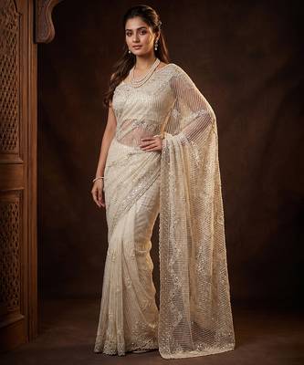 White embroidered net saree 4