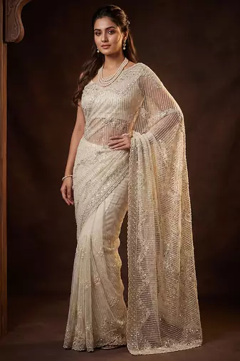 White embroidered net saree
