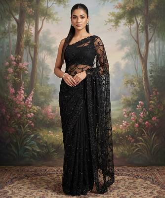 Black embroidered net saree 1