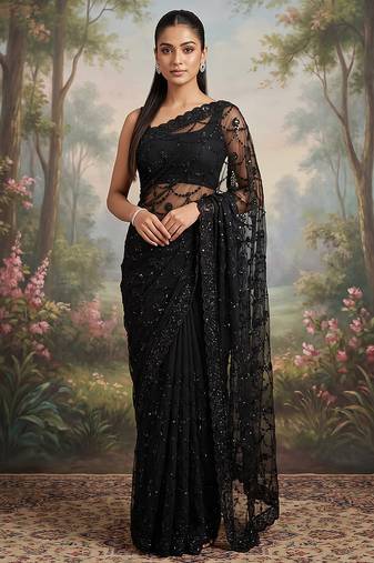 Black embroidered net saree