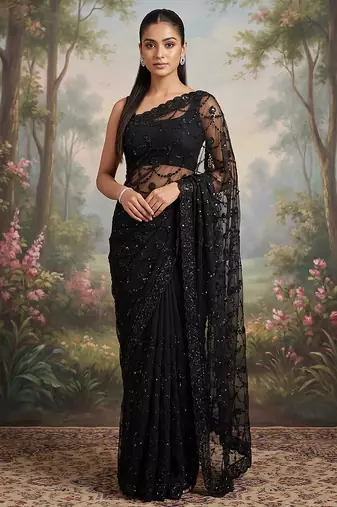 Black embroidered net saree