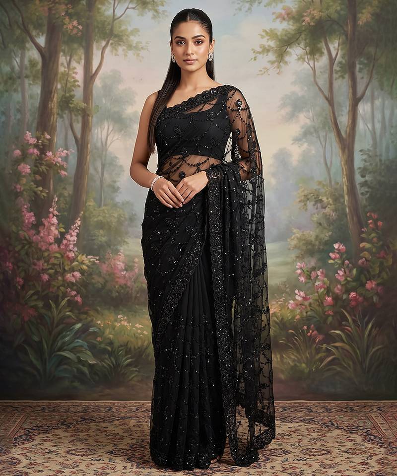 Black embroidered net saree